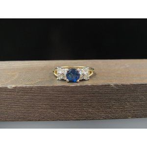 Size 7 Gold Tone Worn Blue Glass And Clear CZ Band Ring Vintage Statement